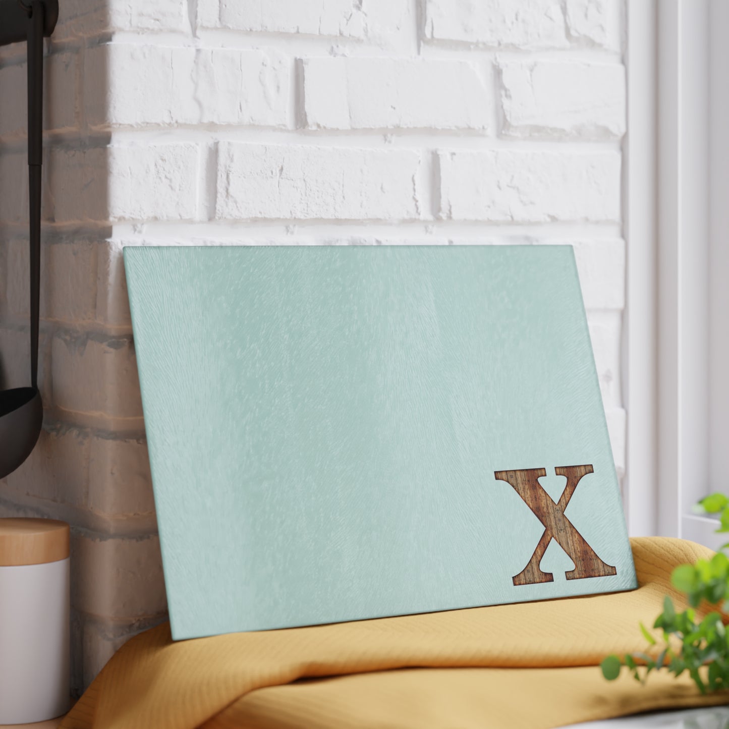 Monogram Glass Cutting Board — Minimal Mint or Clear Glass with Wood 'X' Accent