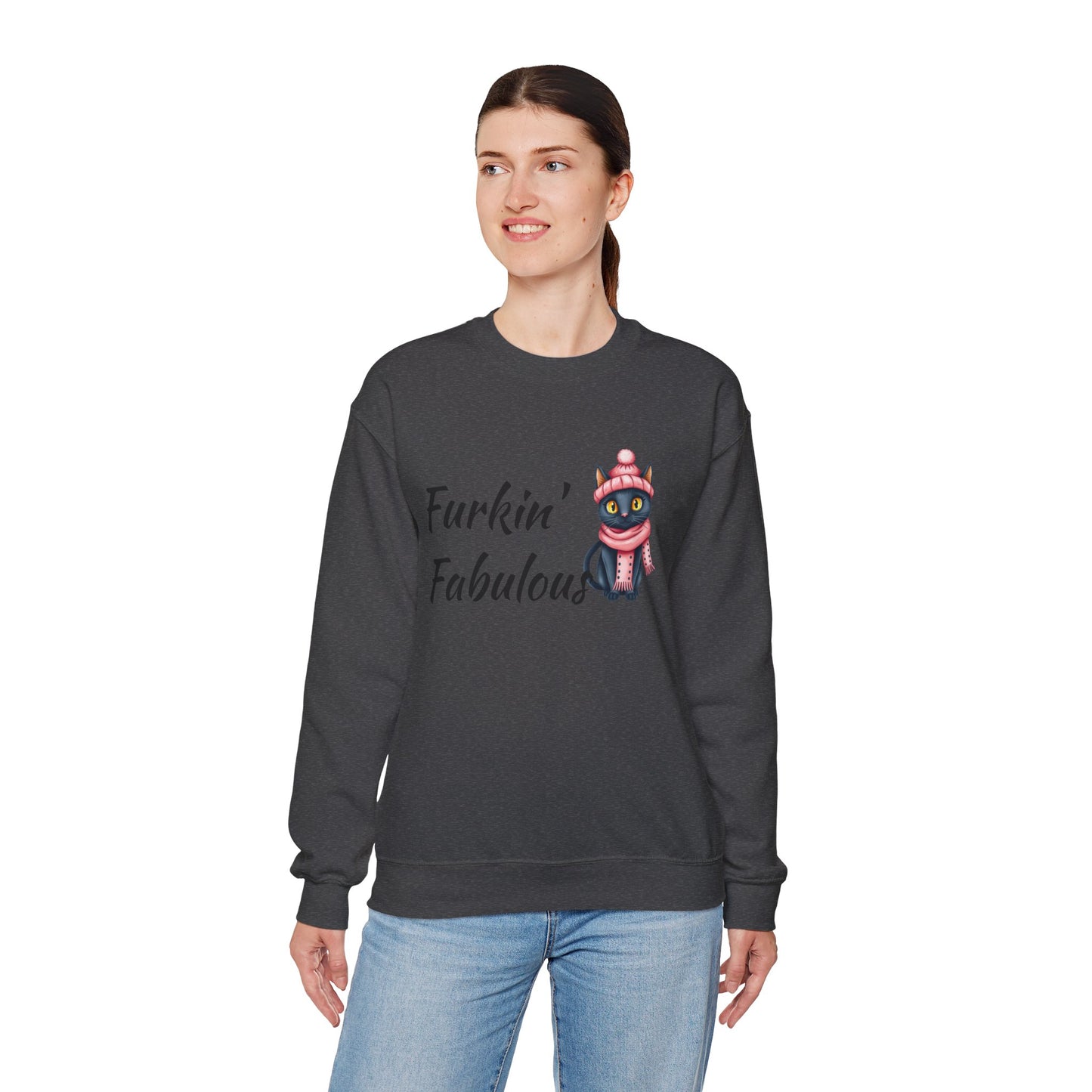 Crewneck Sweatshirt — "Furkin' Fabulous" Cute Black Cat in Pink Hat & Scarf