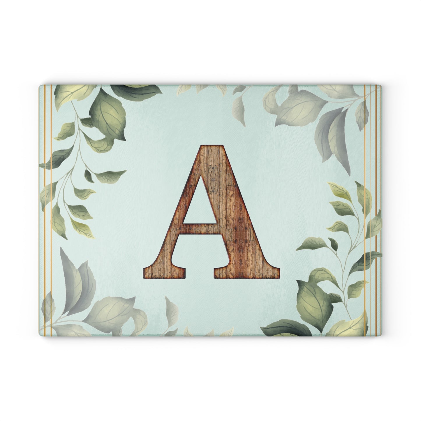 Monogram Glass Cutting Board – Rustic Wood Letter A with Botanical Leaves (Personalized Kitchen Gift)