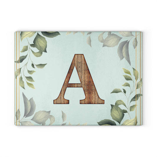 Monogram Glass Cutting Board – Rustic Wood Letter A with Botanical Leaves (Personalized Kitchen Gift)