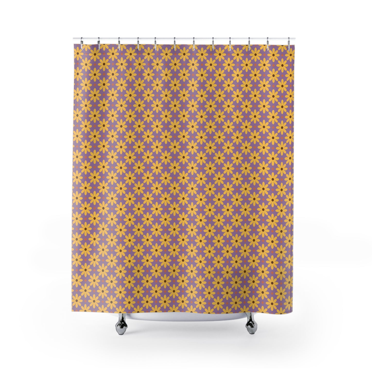 Floral Daisy Pattern Shower Curtain — Retro Yellow Flowers on Lilac Background