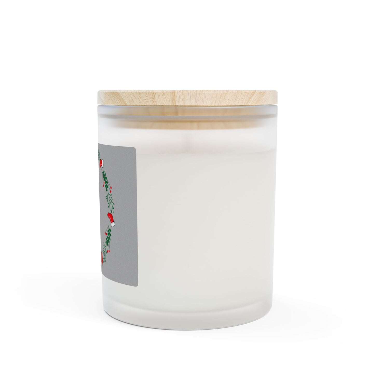 Holiday Wreath Frosted Glass Candle — 11oz Christmas Soy Candle with Wooden Lid