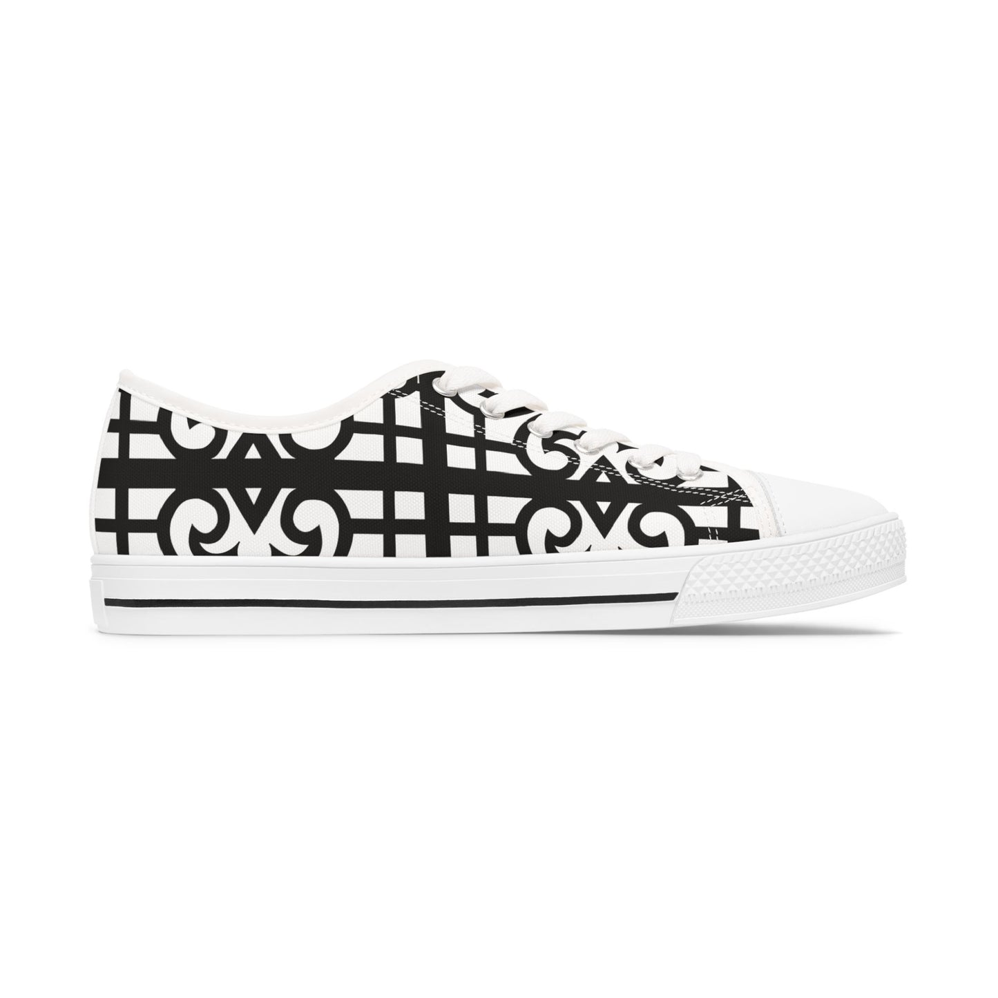 Low Top Sneakers — Black & White Geometric Lattice Pattern