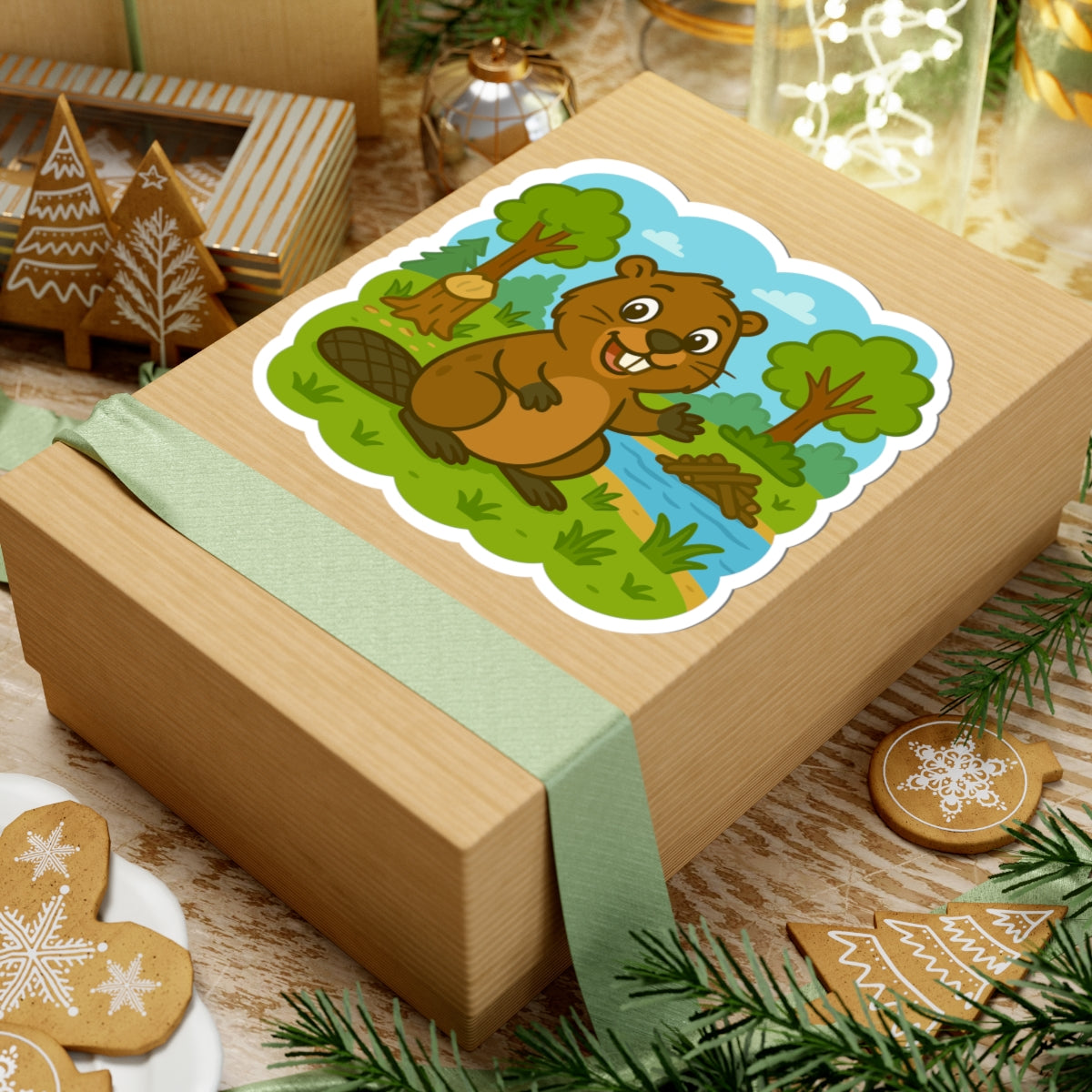 Beaver Pond Kiss-Cut Sticker – Cute Woodland Animal Laptop Decal