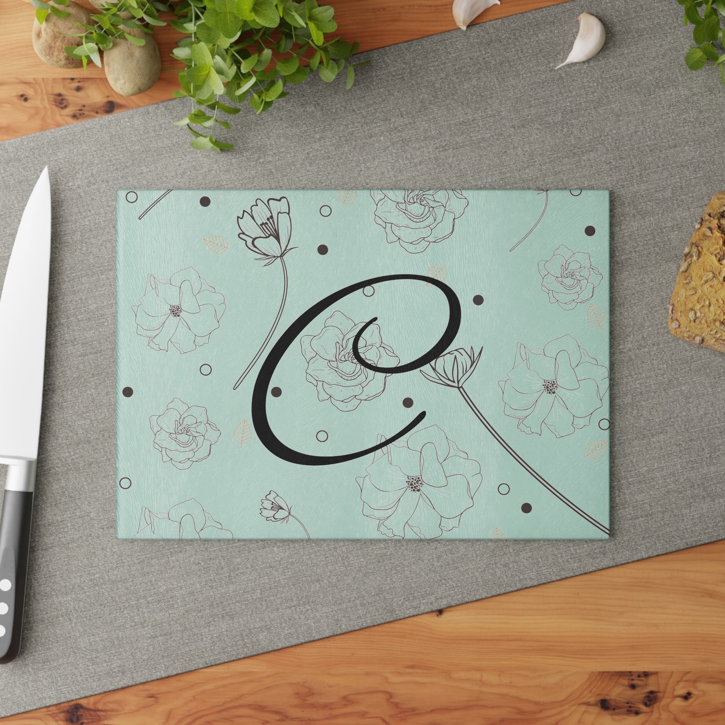 Personalized Floral Glass Cutting Board Letter C