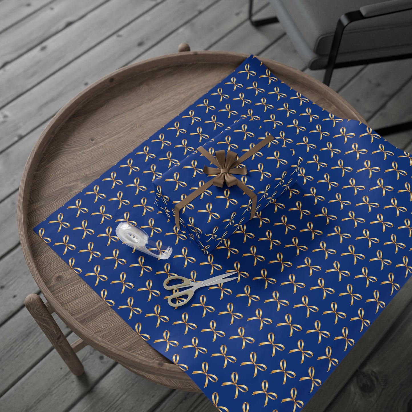 Wrapping Paper — Blue Gift Wrap with Gold Ribbon Pattern