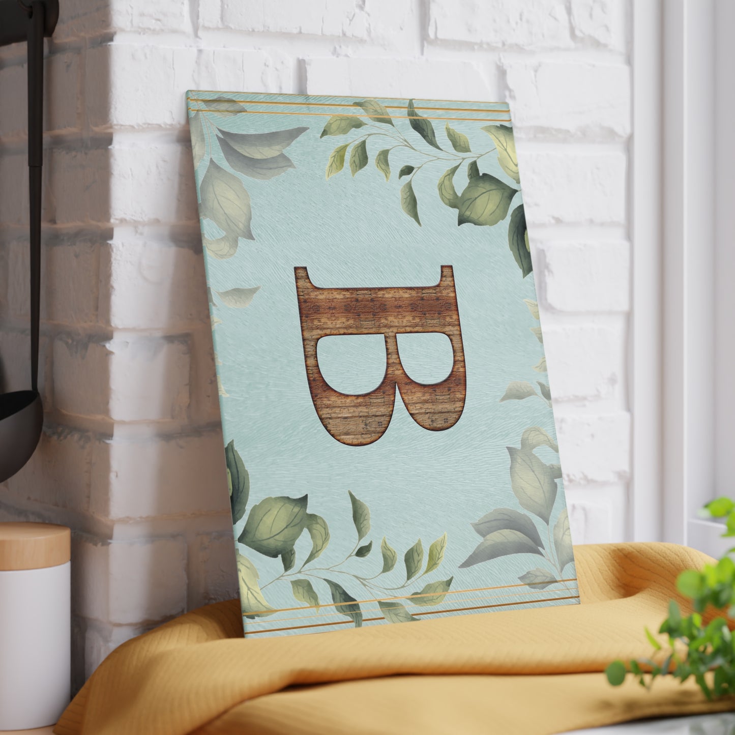 Monogram Glass Cutting Board - Botanical Initial "B" with Rustic Wood Letter