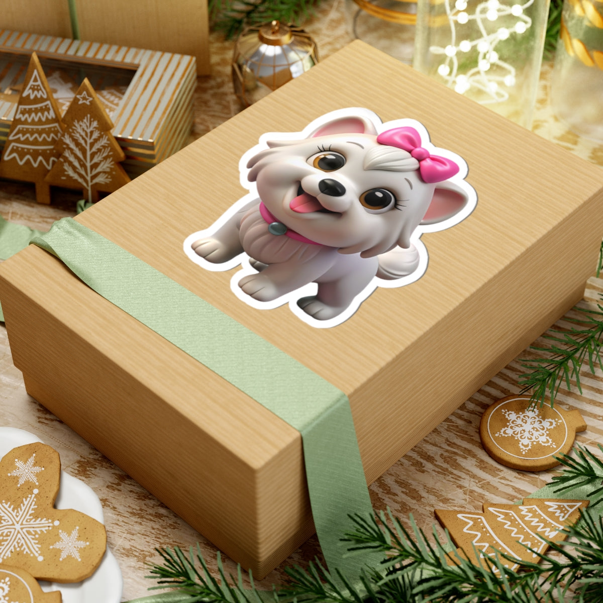 Cute White Puppy Kiss-Cut Sticker — Adorable Bow-Wearing Dog Laptop Decal