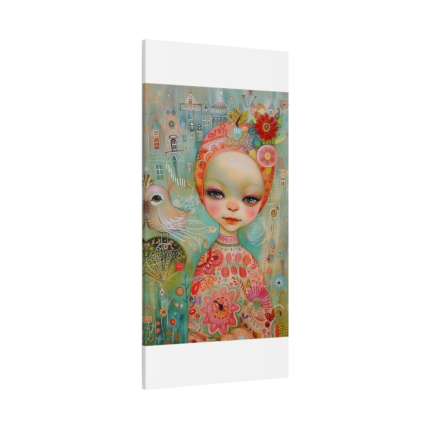 Whimsical Girl & Bird Matte Canvas Wall Art — Stretched Decorative Painting
