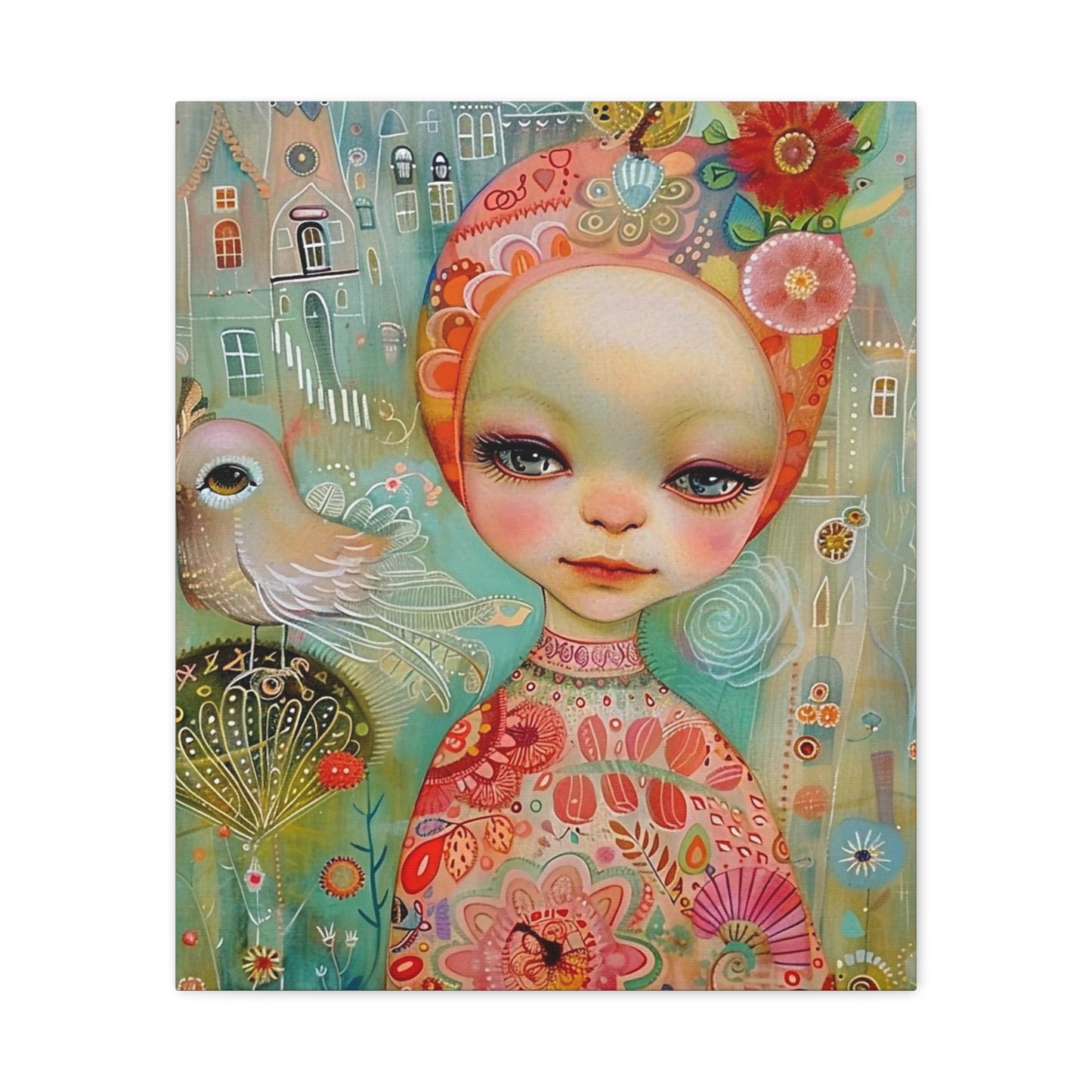 Whimsical Girl & Bird Matte Canvas Wall Art — Stretched Decorative Painting