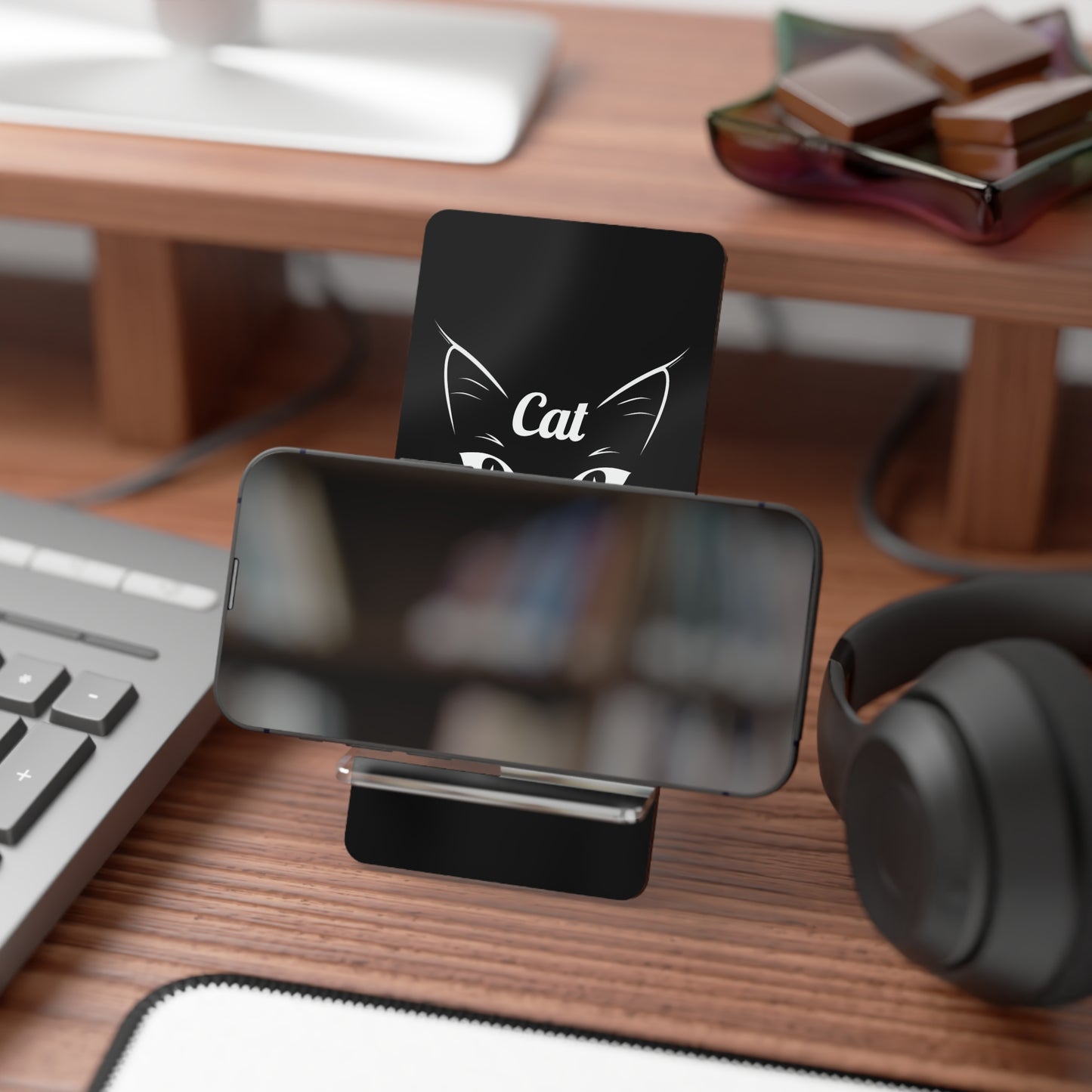 Phone Stand — "Cat Mom" Black Acrylic Mobile Display Stand
