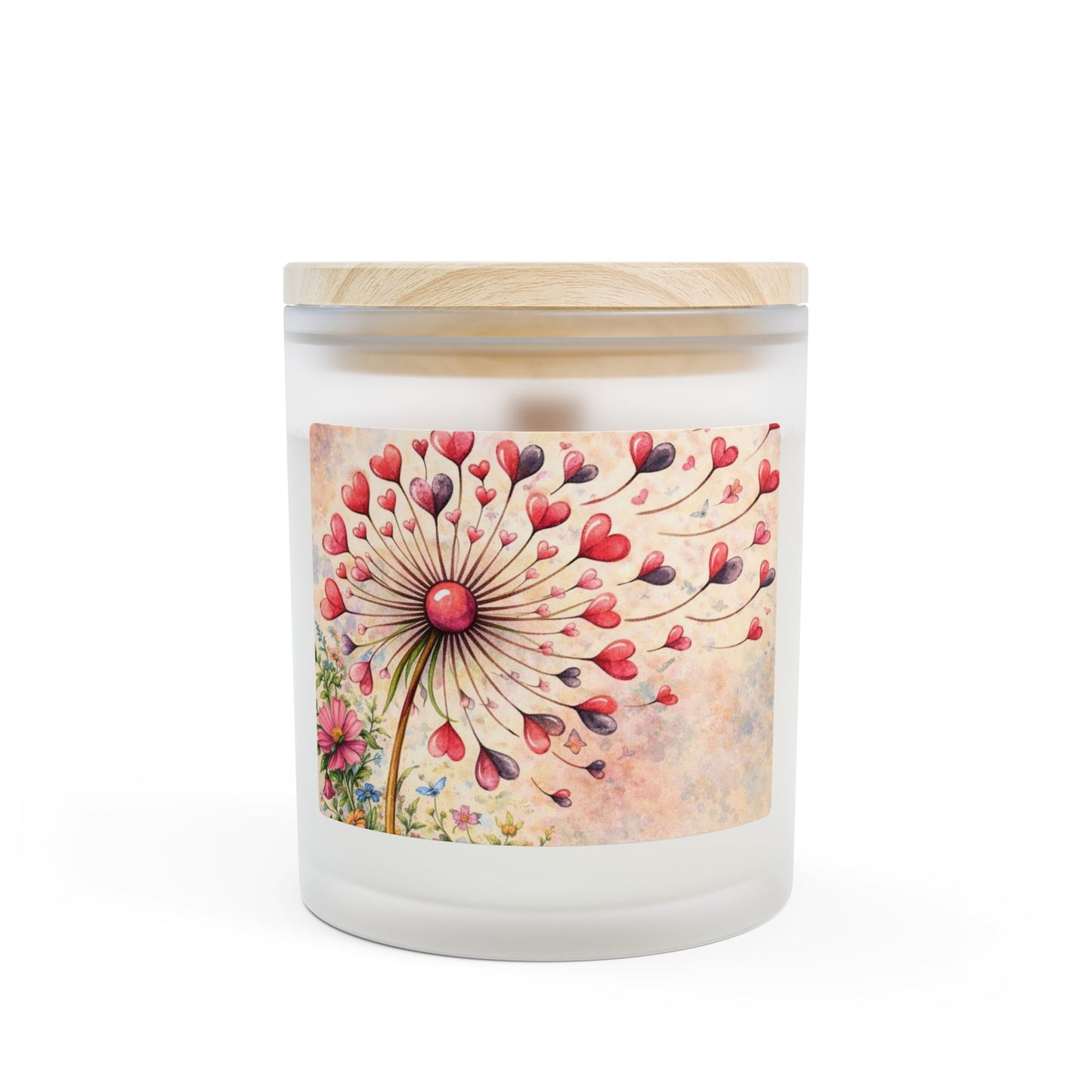 Frosted Glass Candle — Whimsical Heart Dandelion Floral Scented Candle (11oz)