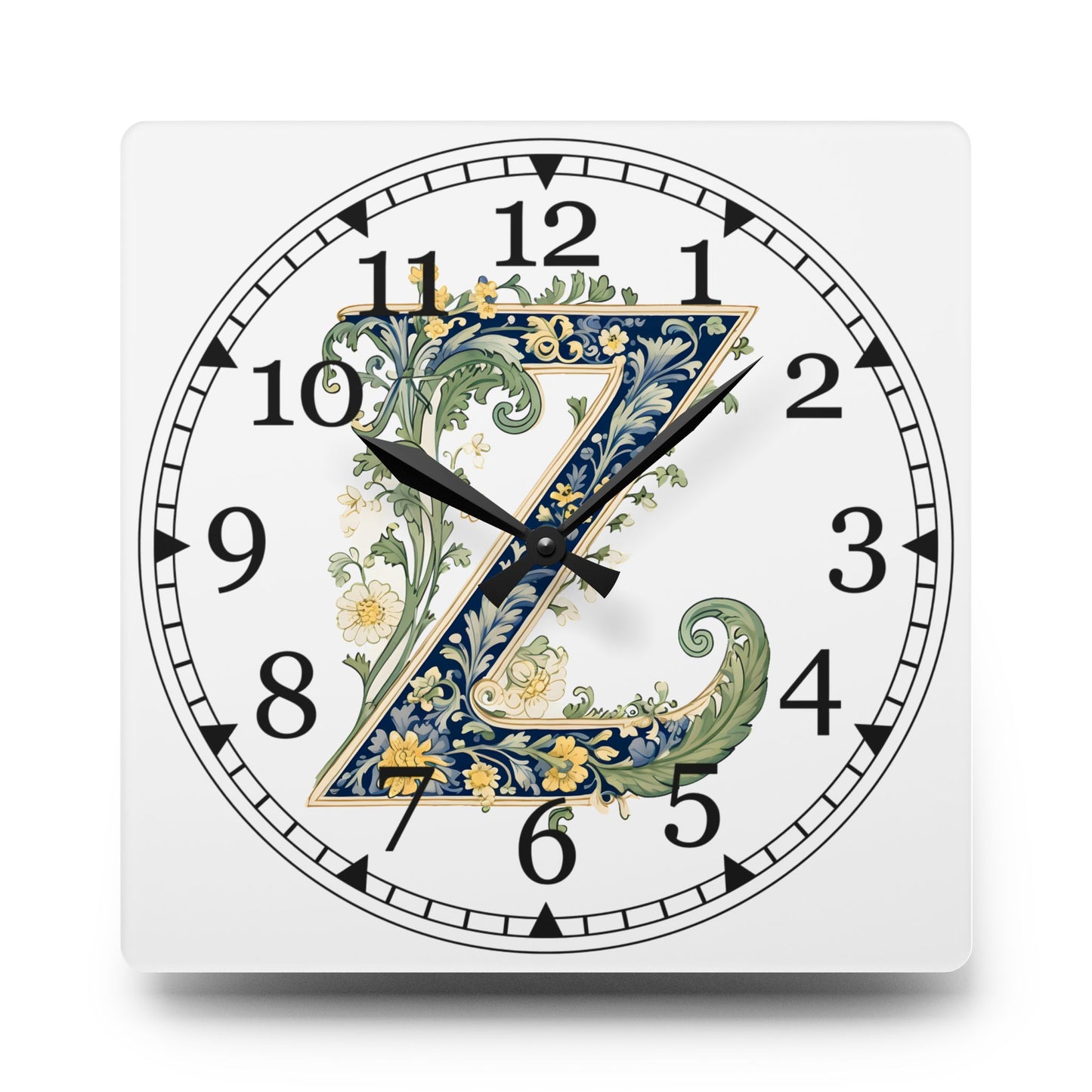 Floral Monogram "Z" Acrylic Wall Clock — Vintage Botanical Initial Clock