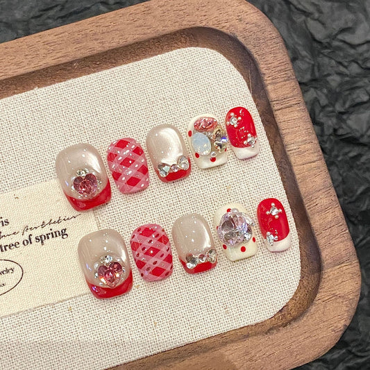 365nails: "Candyland Christmas" – 3D Bow & Plaid Short Square Nails – Image 2