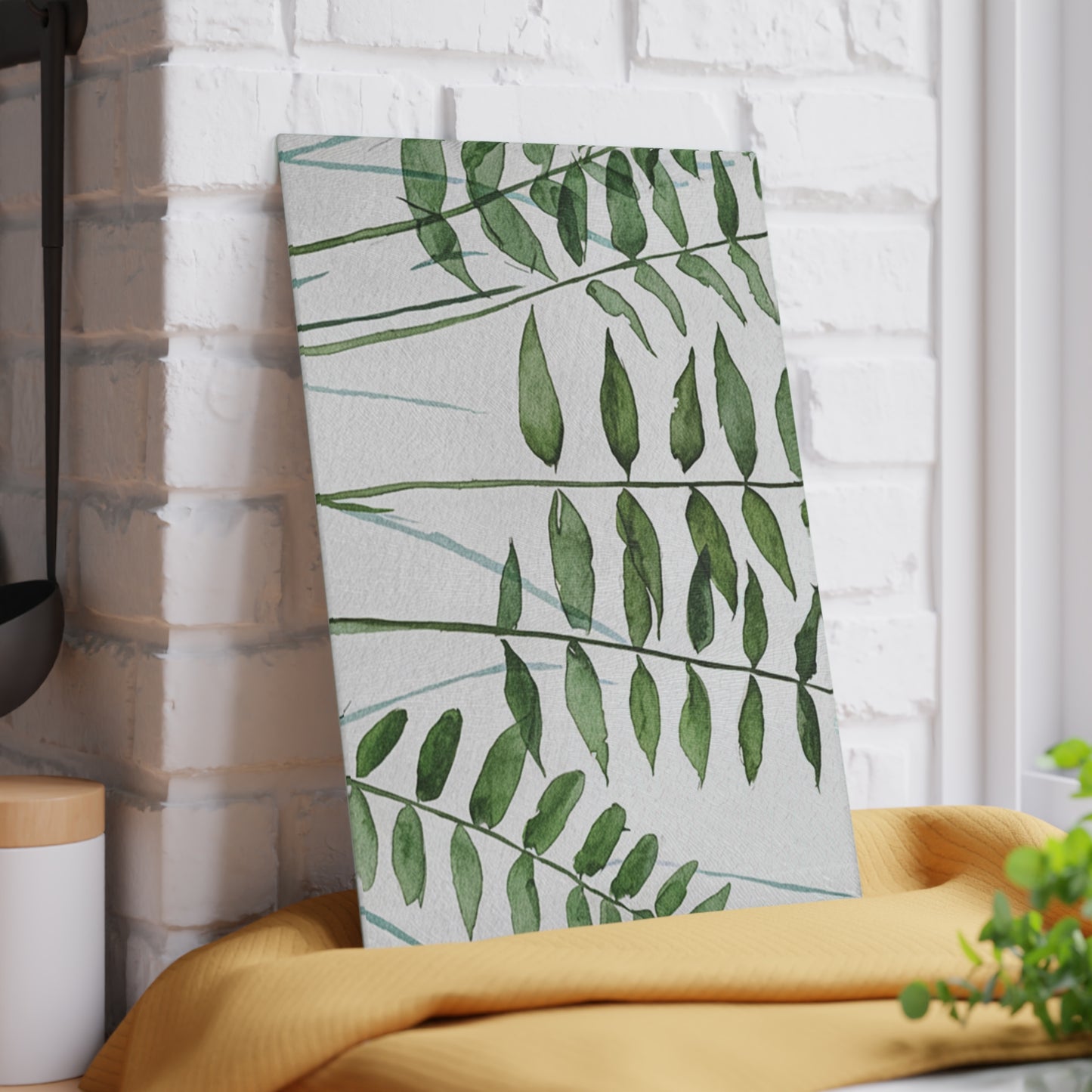 Glass Cutting Board - Green Watercolor Ferns Kitchen Prep Board