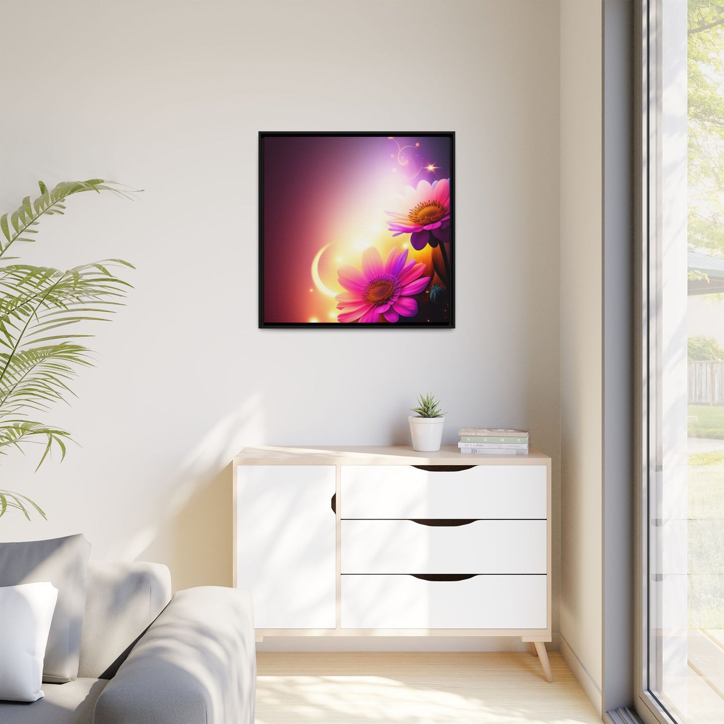 Framed Floral Canvas Art — Pink Daisies Sunset Wall Print