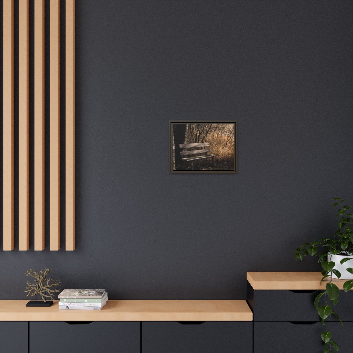Framed Matte Canvas Print — Autumn Park Bench Photography