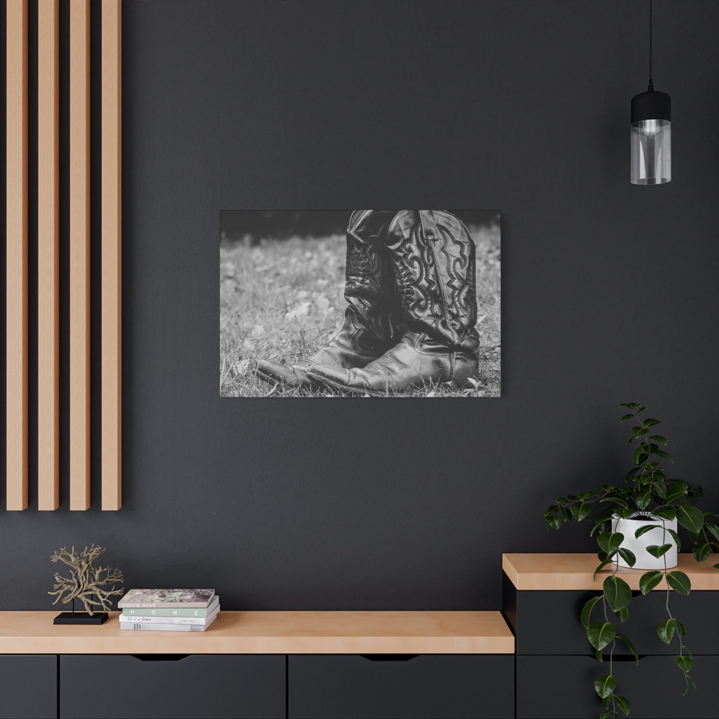 Western Cowboy Boots Matte Canvas Wall Art – Black & White Rustic Country Decor