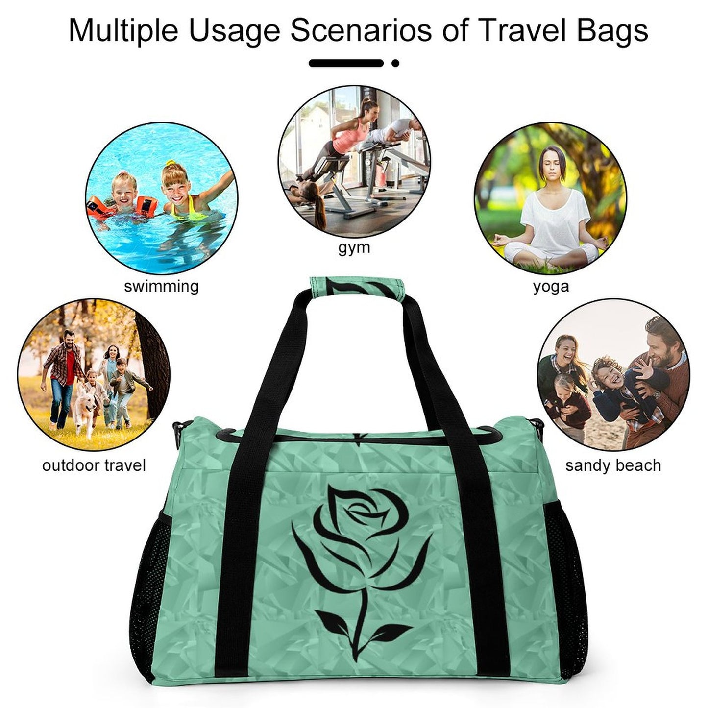 Travel Duffel Bag Teal with Black Rose