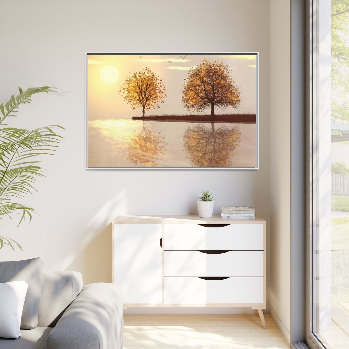 Framed Matte Canvas Wall Art — Golden Autumn Trees Reflection