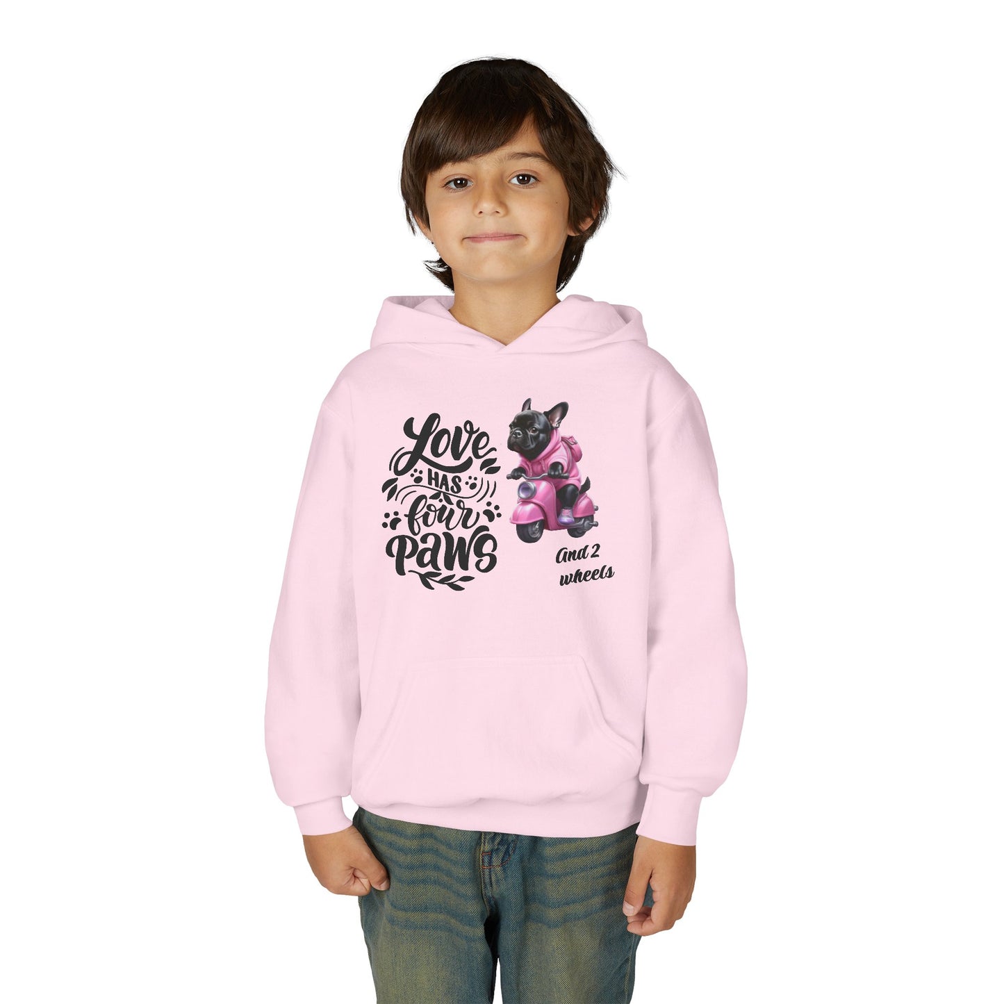Youth Hoodie — "Love Has Four Paws" Pink Scooter French Bulldog Graphic