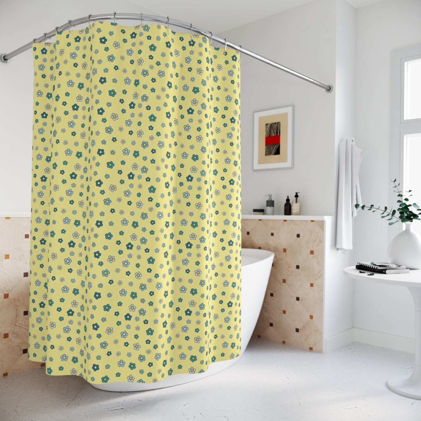 Floral Dot Shower Curtain — Yellow Blue Retro Flower Pattern