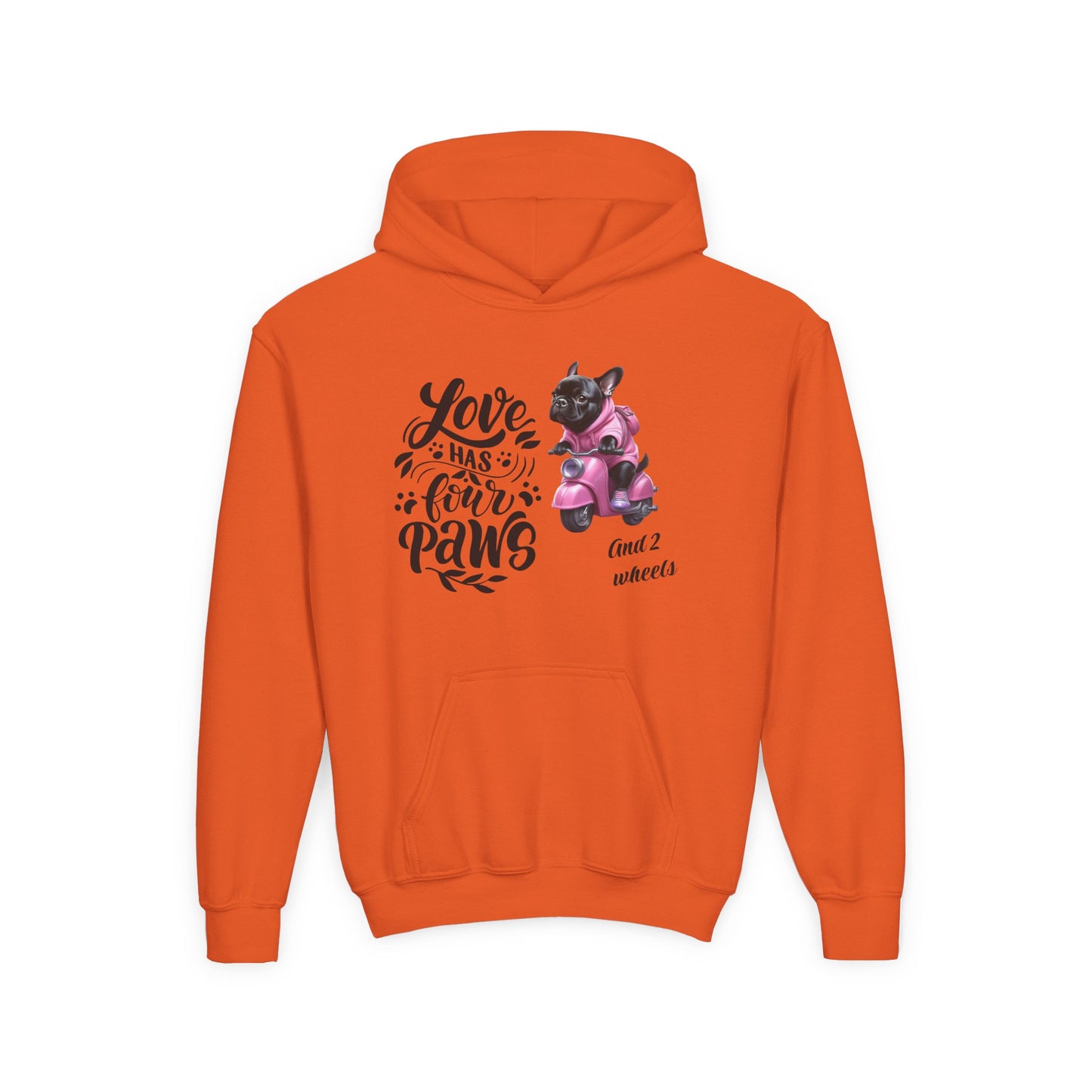 Youth Hoodie — "Love Has Four Paws" Pink Scooter French Bulldog Graphic