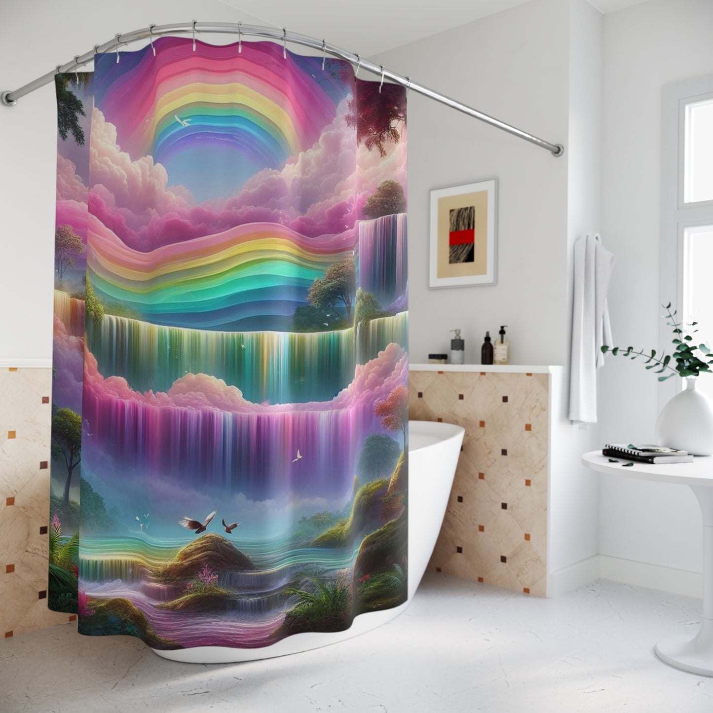 Rainbow Waterfall Shower Curtain — Dreamy Pastel Bathroom Decor