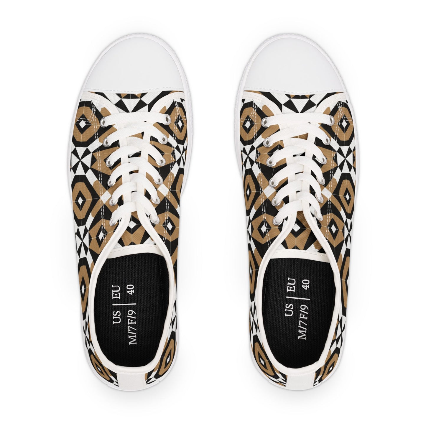 Low Top Sneakers — Geometric Tan & Black Aztec Pattern