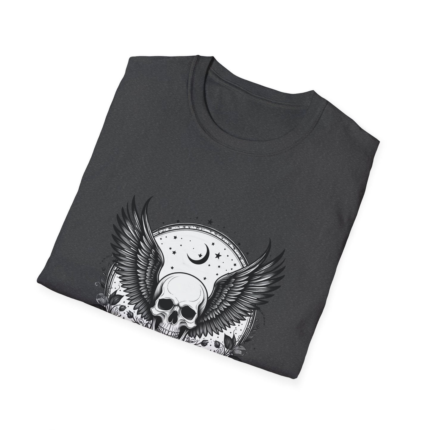 Skull Wings T‑Shirt – Crescent Moon & Red Roses Gothic Graphic Tee