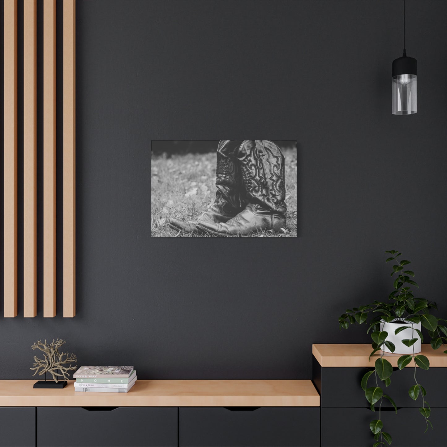 Western Cowboy Boots Matte Canvas Wall Art – Black & White Rustic Country Decor