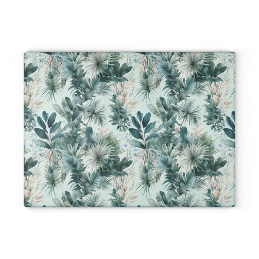 Botanical Glass Cutting Board - Teal Tropical Palm Pattern