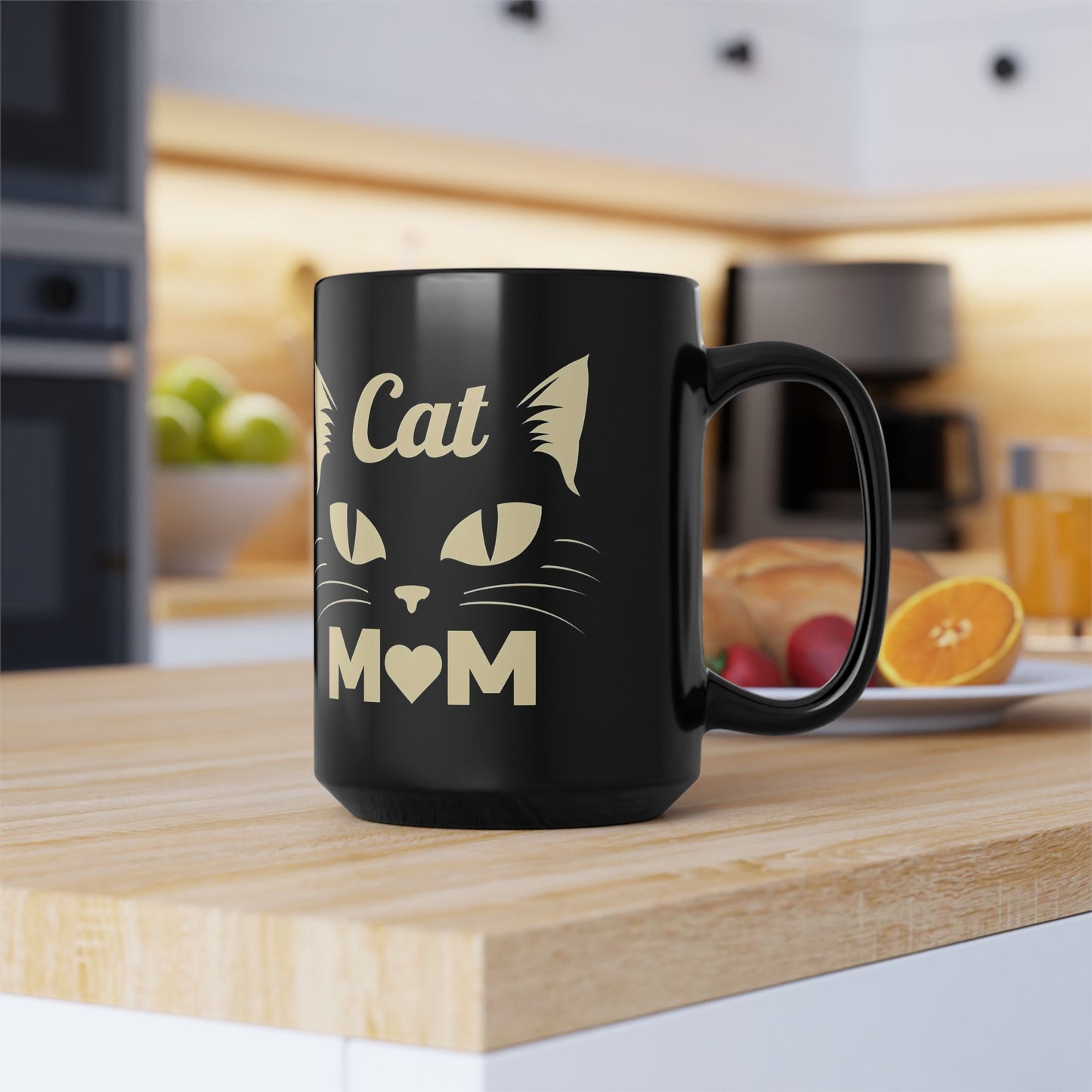 Cat Mom 15oz Black Mug — Cute Cat Face Coffee Cup for Cat Lovers