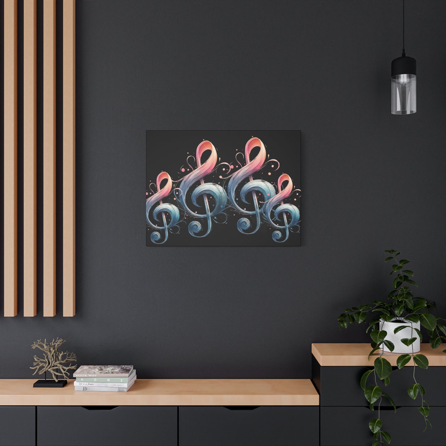 Musical Treble Clef Canvas Wall Art — Pastel Ribbon Notes on Black