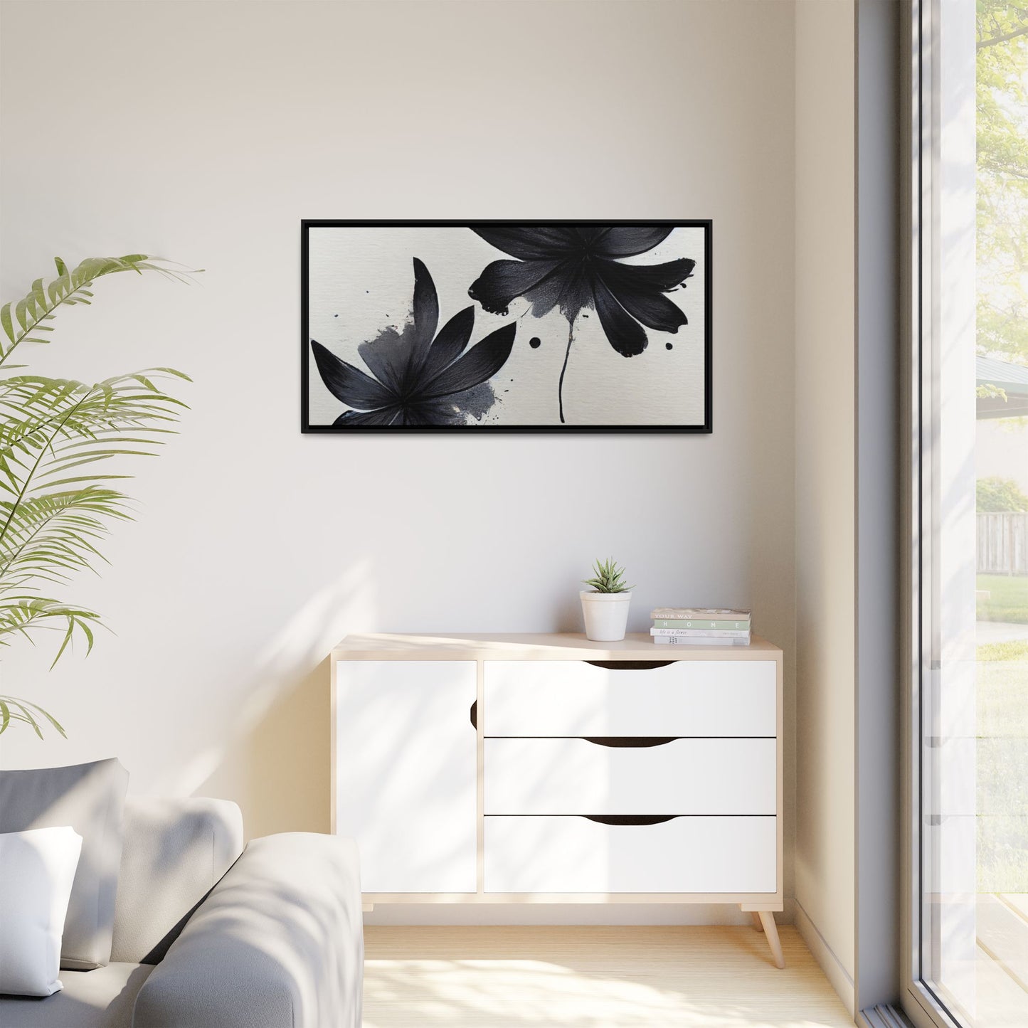 Framed Black Floral Matte Canvas Wall Art — Monochrome Botanical Print