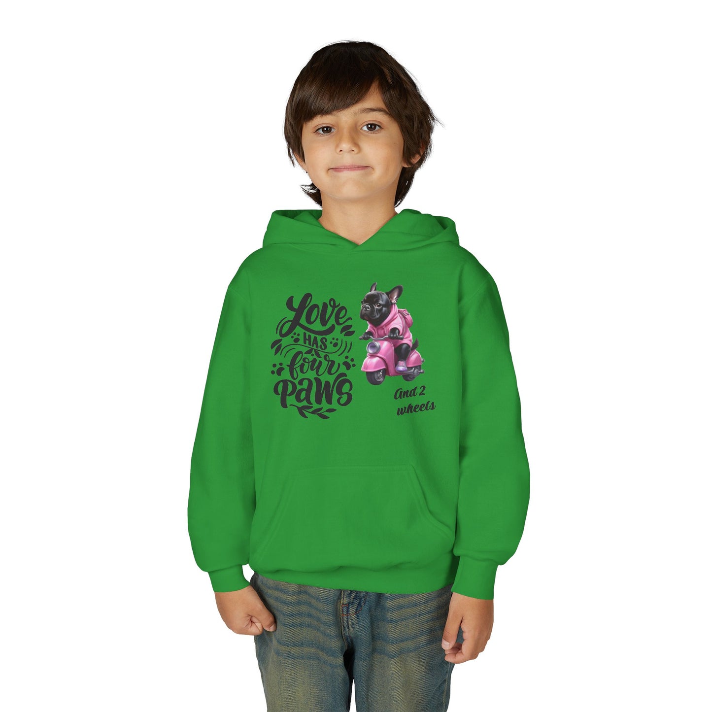 Youth Hoodie — "Love Has Four Paws" Pink Scooter French Bulldog Graphic