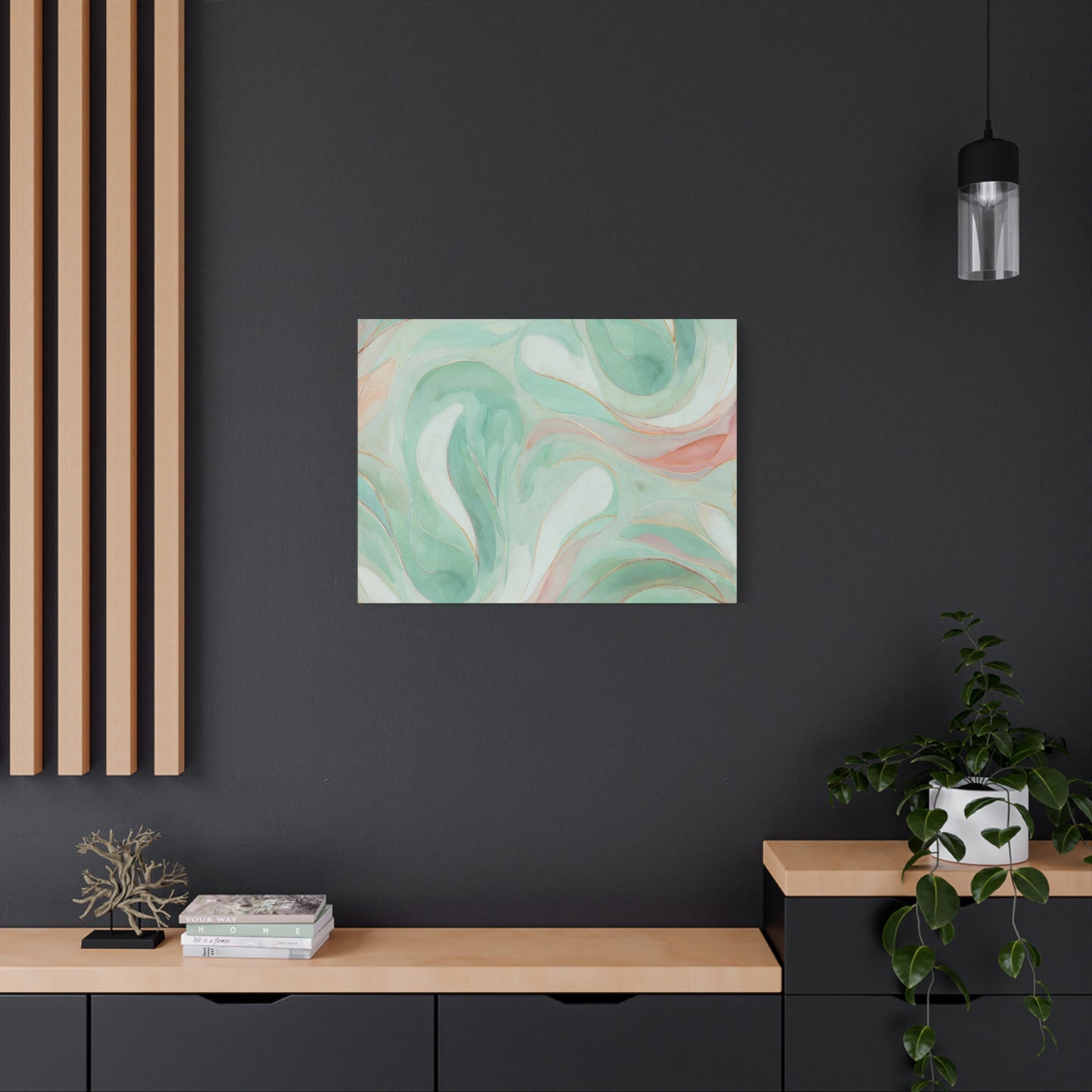 Abstract Green Marble Canvas Print — Teal & Coral Swirl Wall Art
