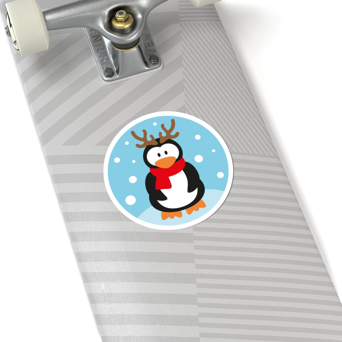Cute Penguin with Reindeer Antlers Kiss-Cut Sticker — Winter Holiday Snow Scene
