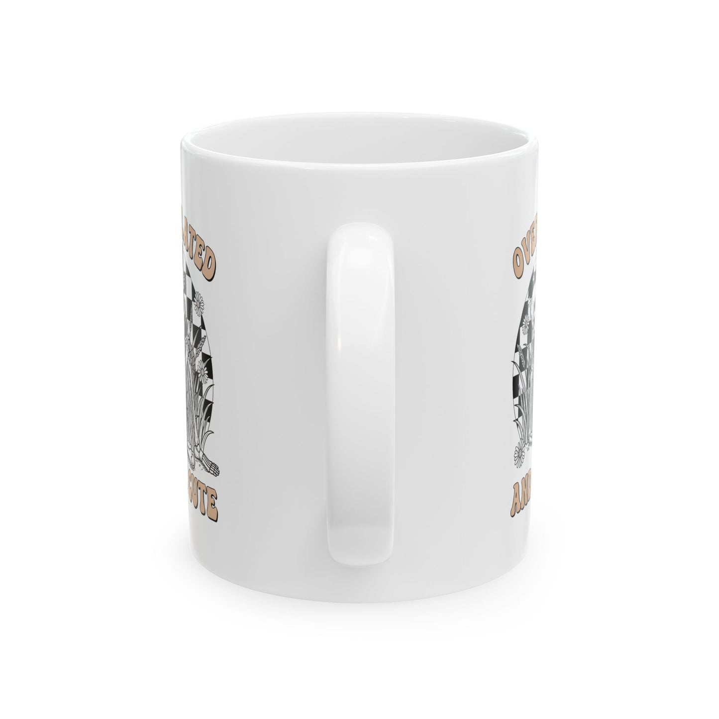 Ceramic Mug — “Overstimulated and Still Cute” Retro Checker Skull Coffee Cup (11oz & 15oz)