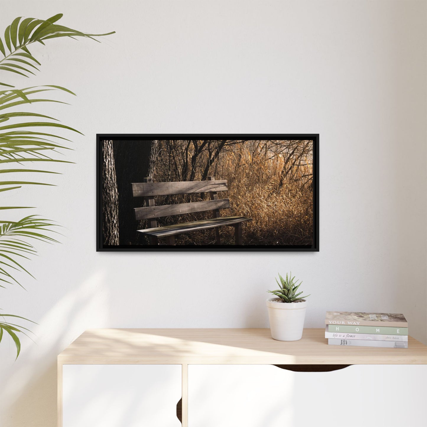 Framed Matte Canvas Print — Autumn Park Bench Photography