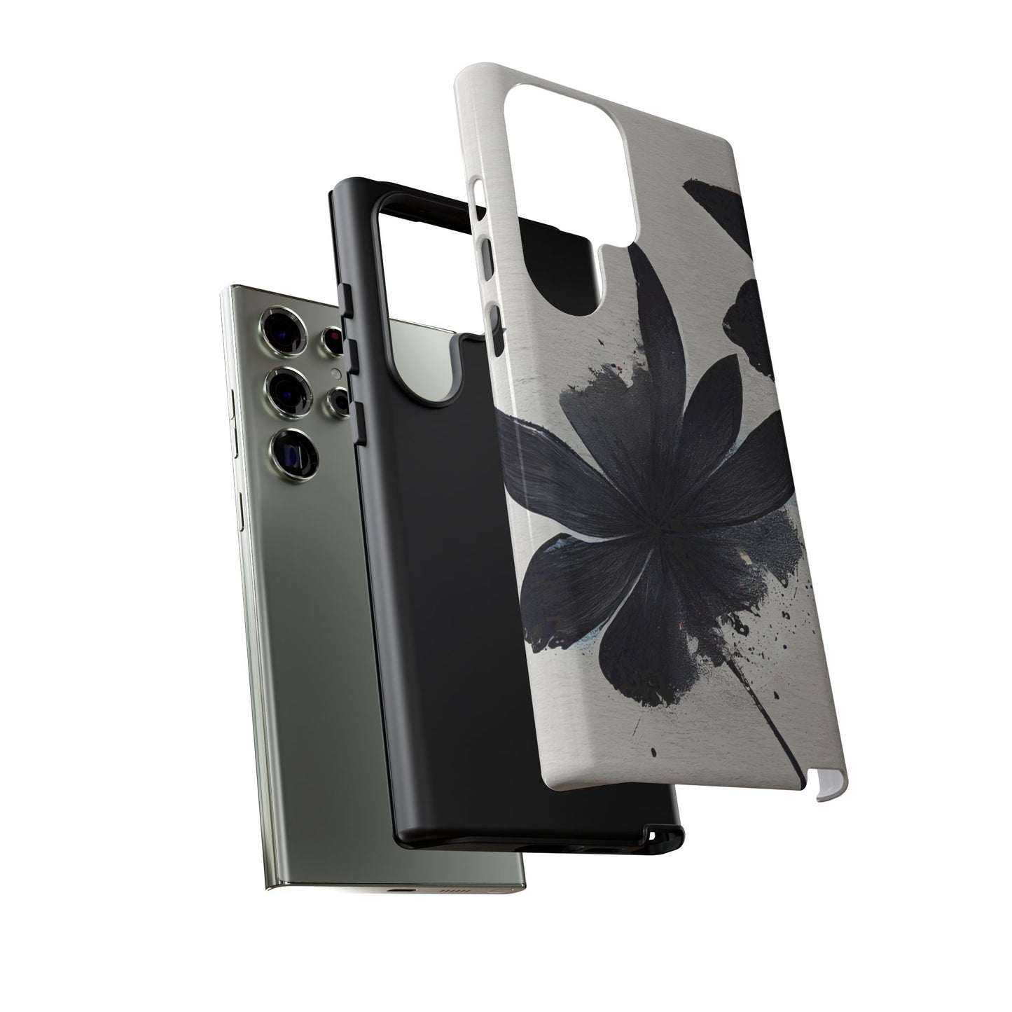 Monochrome Floral Tough Phone Case — Black Ink Flower Protective Cover