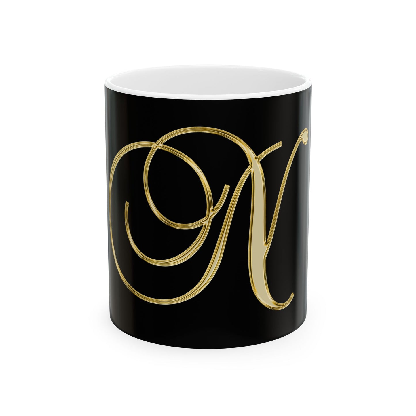 Monogram N Ceramic Mug — Gold Script Initial on Black (11oz & 15oz)