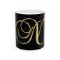 Monogram N Ceramic Mug — Gold Script Initial on Black (11oz & 15oz)