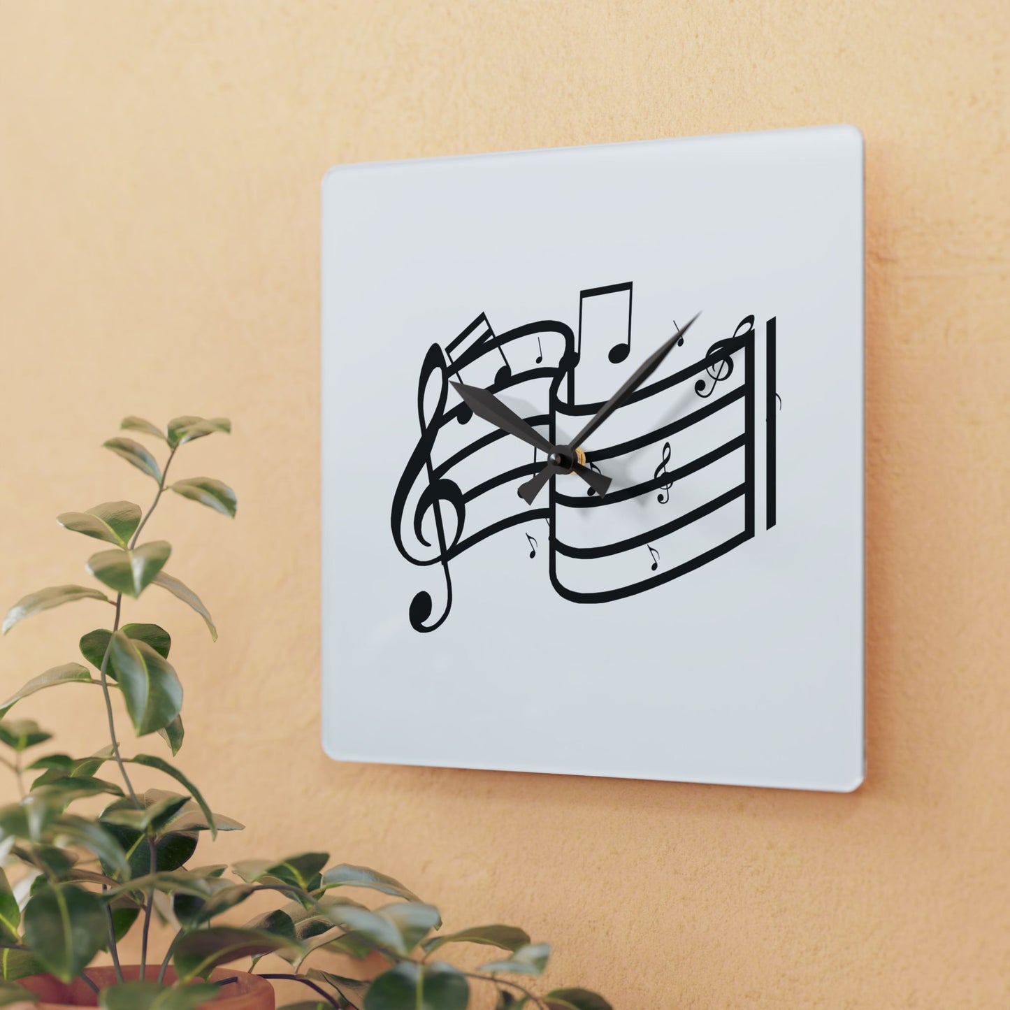 Musical Notes Acrylic Wall Clock — Black Treble Clef Design