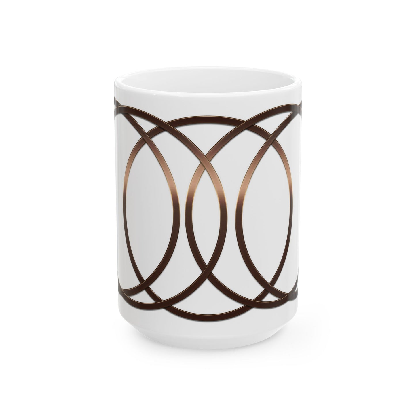 Modern Geometric Ceramic Mug — Bronze Interlocking Circle Pattern (11oz & 15oz)
