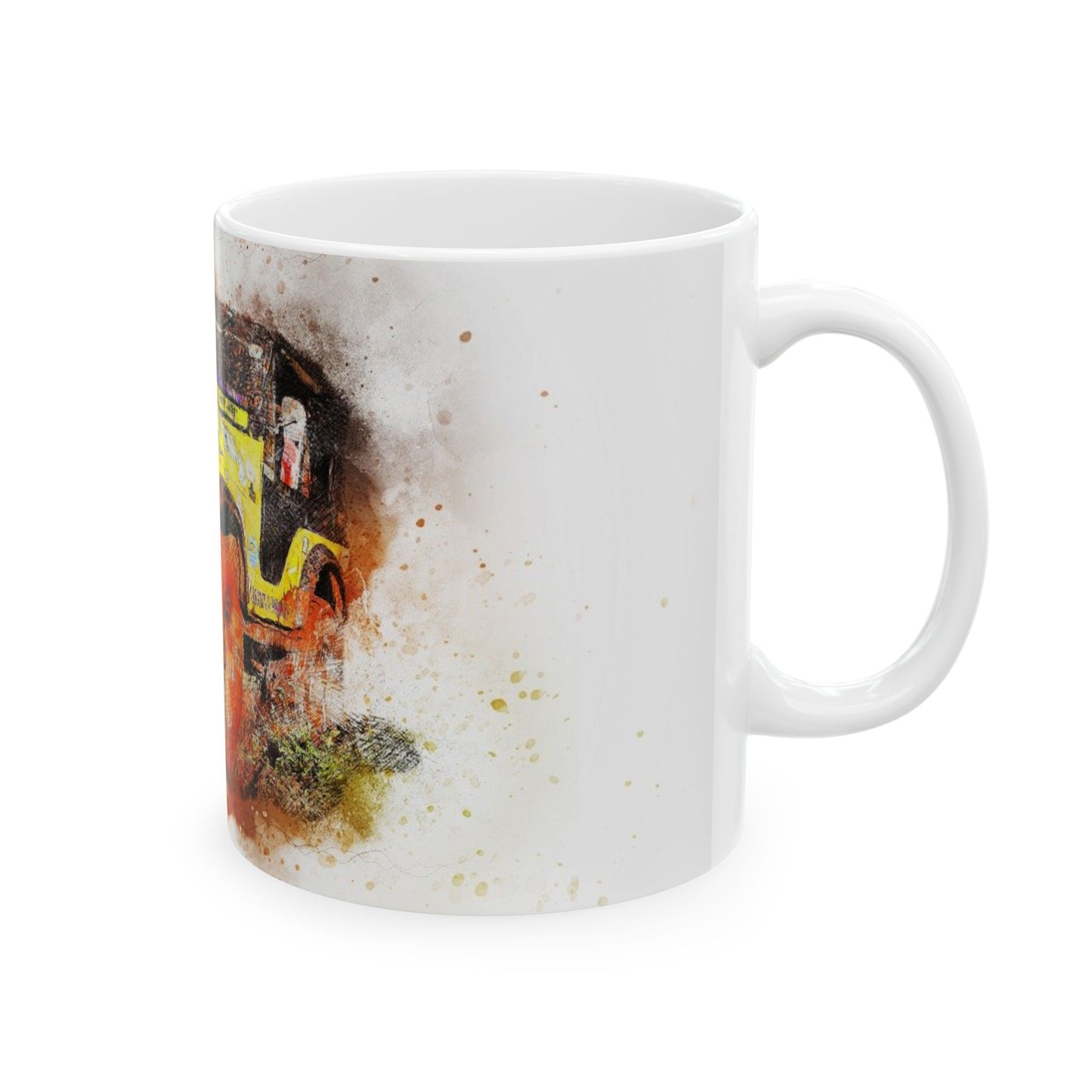 Vintage Jeep Art Ceramic Mug — Rustic Yellow Off-Road Truck Coffee Cup (11oz, 15oz)