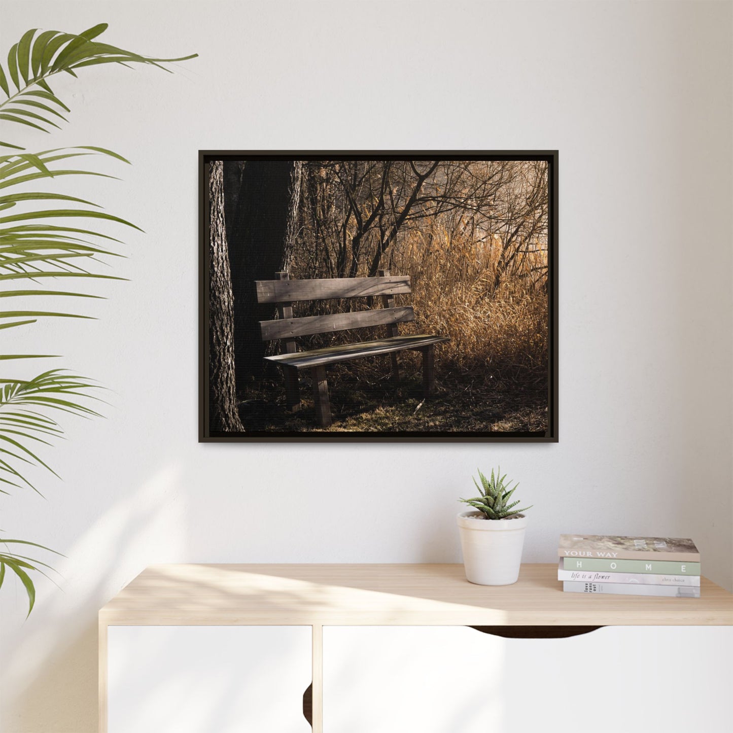 Framed Matte Canvas Print — Autumn Park Bench Photography