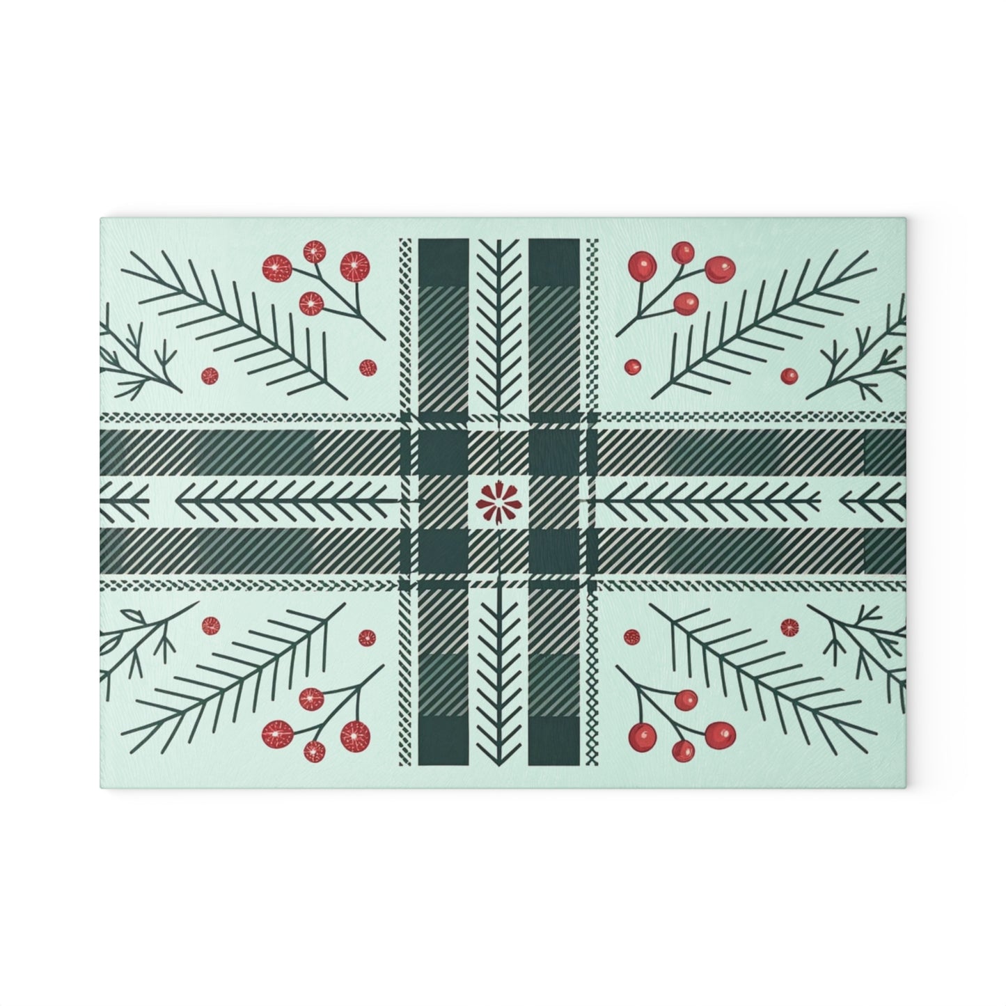 Festive Plaid & Holly Glass Cutting Board — Holiday Kitchen Decor