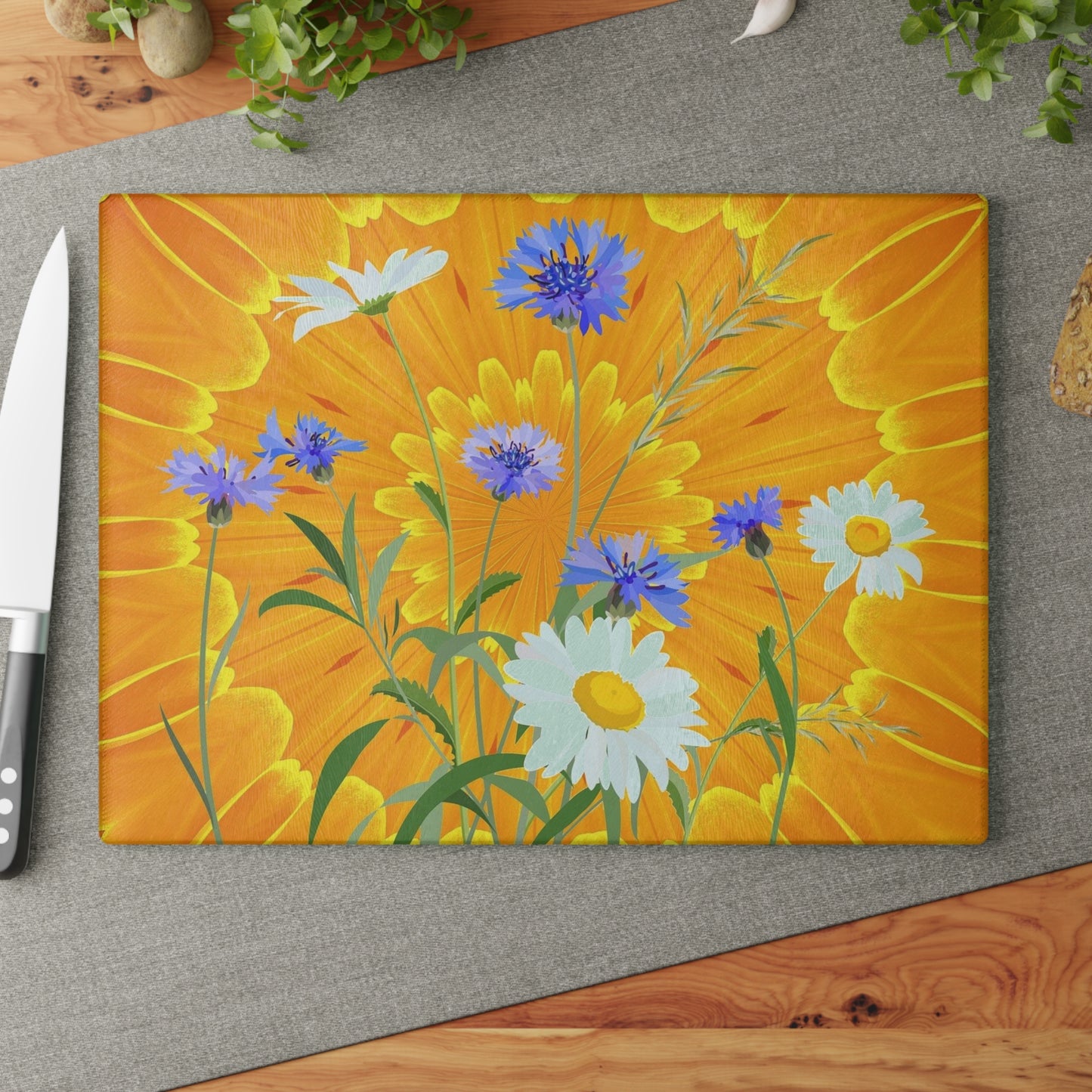 Glass Cutting Board — Bright Sunflower & Wildflower Kitchen Cutting Board