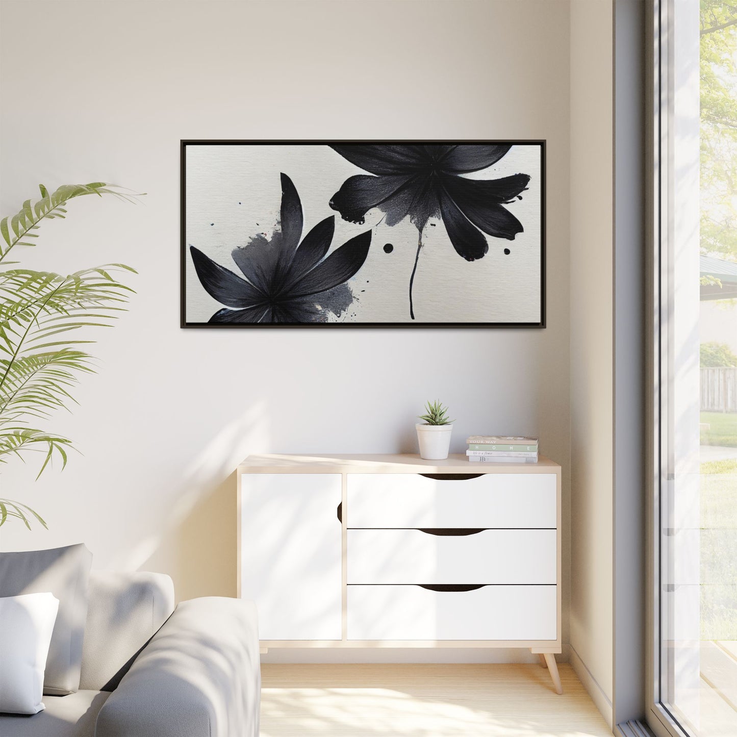 Framed Black Floral Matte Canvas Wall Art — Monochrome Botanical Print